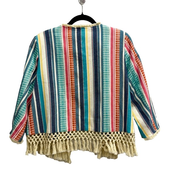 Women's Striped Fringe Jacket Petite Size Large Artsy Boho Coastal Lagenlook - Picture 2 of 7